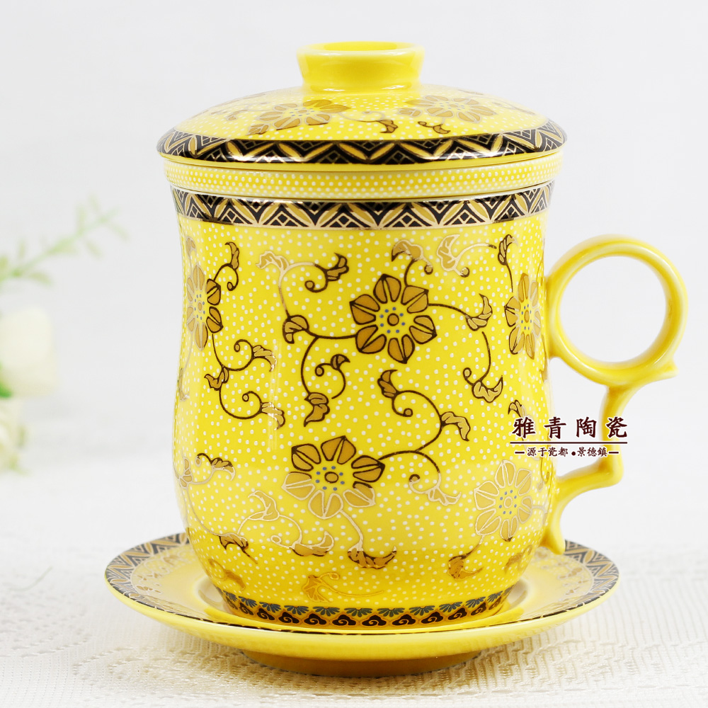 陶瓷 茶杯 过滤带盖水杯 骨瓷 景德镇含内胆4件套杯子 富贵黄金盏