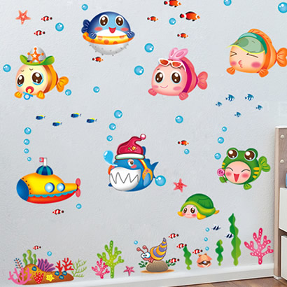 可移除墙贴 卡通娃娃鱼 卡通儿童房卧室浴室防水可移除贴纸贴画