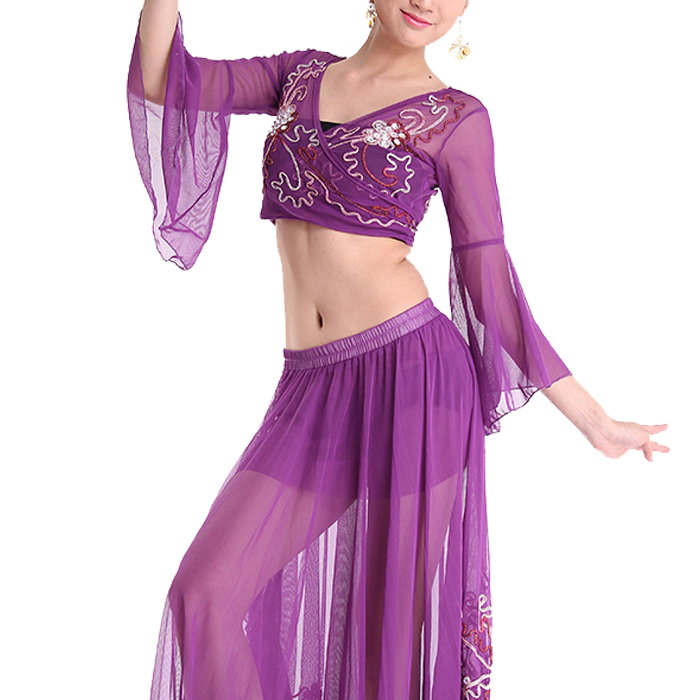2014新款肚皮舞表演出服 手工刺绣喇叭袖长裙 印度舞练功练习套装