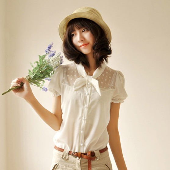2012新品vivi蝴蝶结白色雪纺衬衫 女韩国夏雪纺衫短袖小清新衬衣