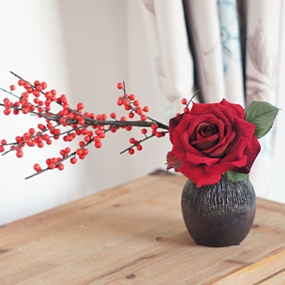 台湾创意中式仿真花艺套装粗陶花器绒布玫瑰红果餐厅客厅摆设假花