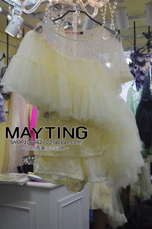 May-Ting 2014春季日系时尚甜美公主蕾丝衫透视纱网短裤套装包邮