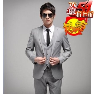 超赞 韩版 新款 超酷灰色男士修身西服套装三件套