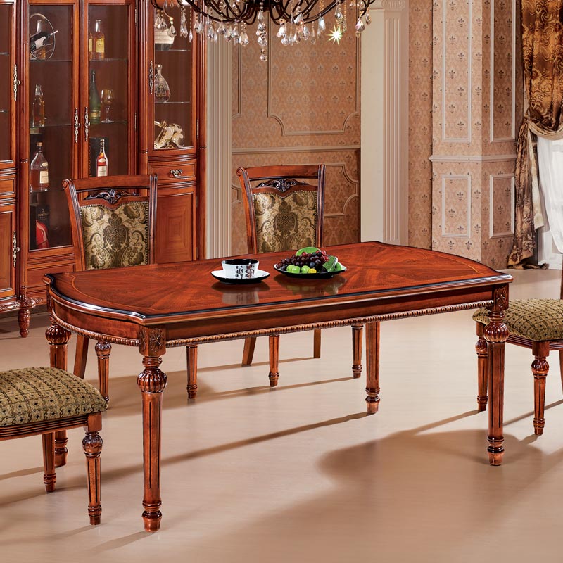 欧式实木雕花简约仿古栗子深棕色1.8米长方形餐桌椅子组合家具