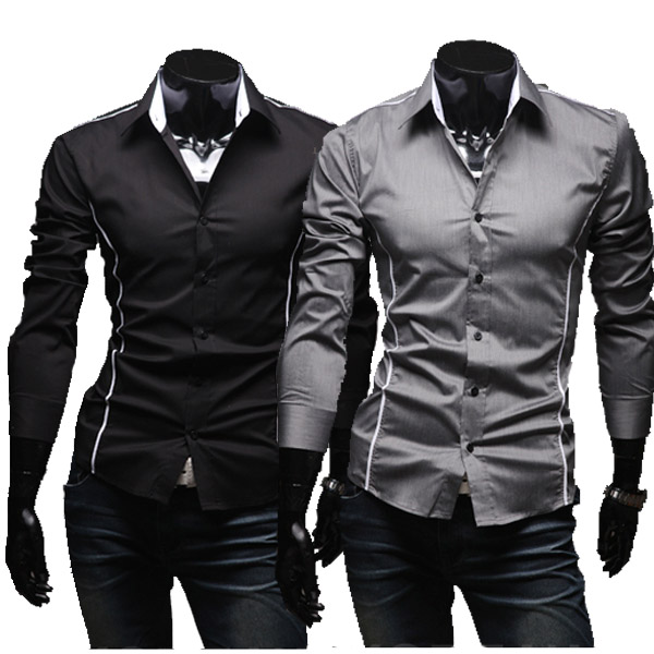 夏季韩版潮男装 英伦时尚商务休闲修身型男长袖黑色灰色衬衫