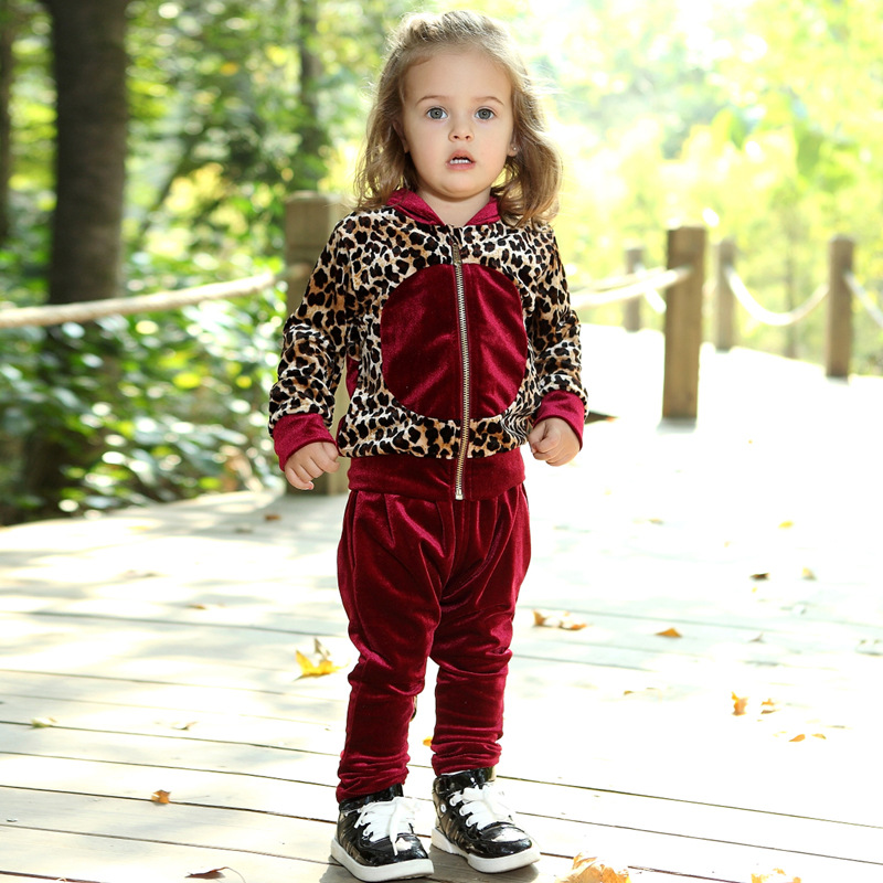 男 女童 2016春装新款韩版豹纹套装 2-3岁天鹅绒婴幼儿宝宝两件套