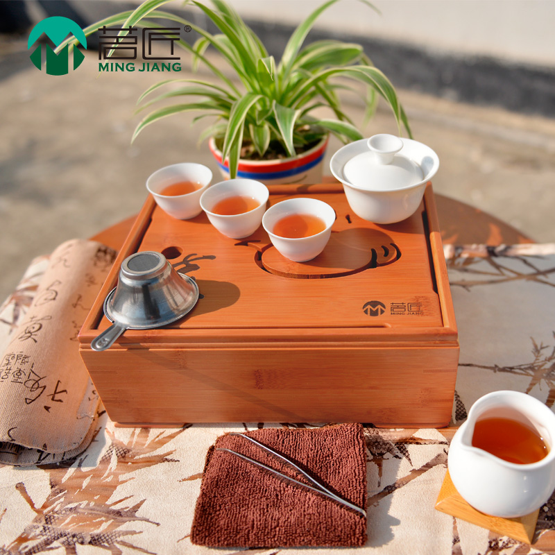 【湘缘阁】茗匠迷你旅行茶具竹制茶盘 纯白盖碗茶杯整套旅行茶具