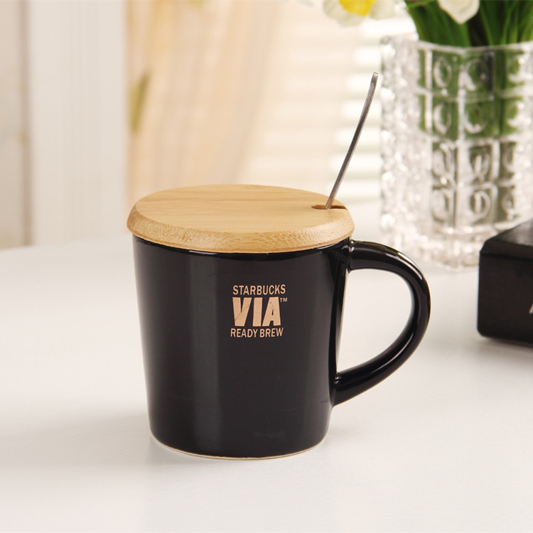 包邮星巴克starbucks黑色色釉陶瓷马克杯 咖啡杯 水杯 送木盖勺子