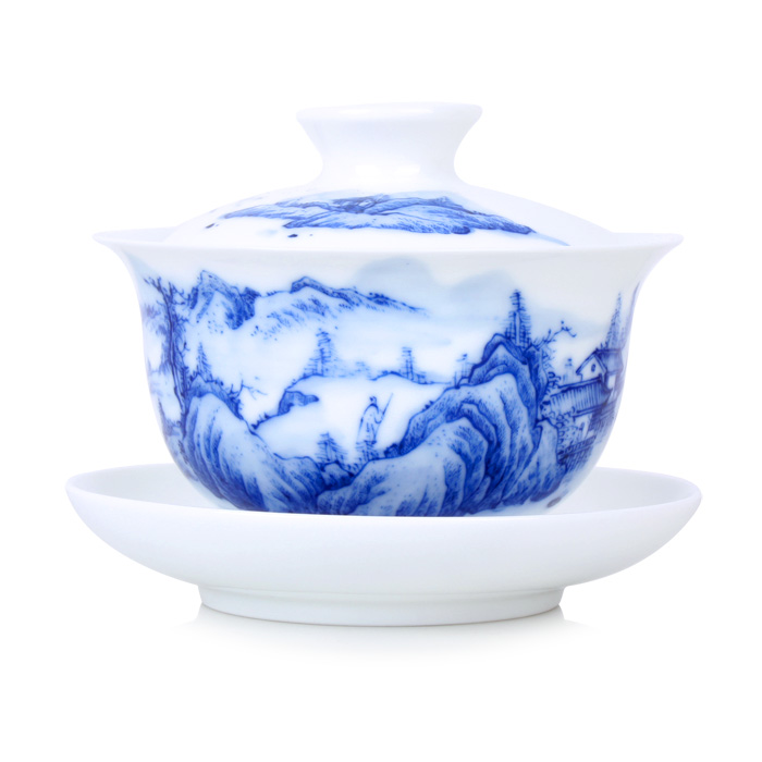 元水堂 功夫茶具 手绘山水盖碗 青花瓷盖碗茶杯 陶瓷 茶碗 180ML