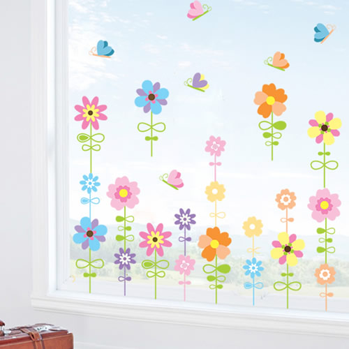 可移除墙贴 彩色花儿 客厅花草卧室玻璃墙角随意墙贴画家装饰贴纸