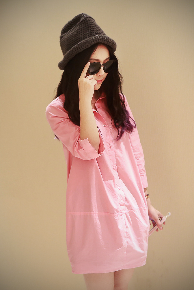 QTHZ韩版春季女装 翻领纯色宽松大版中长款衬衣 7分袖衬衫上衣潮