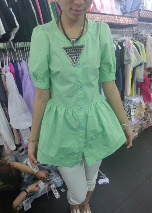 2014春装新款韩版女装时尚单排扣圆领泡泡袖娃娃衫风衣外套4172