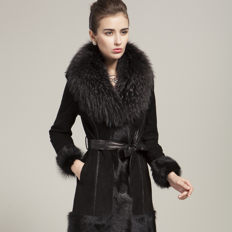 凯撒2013新海宁皮草中长款羊毛皮毛一体女装外套超大貉子毛领皮草