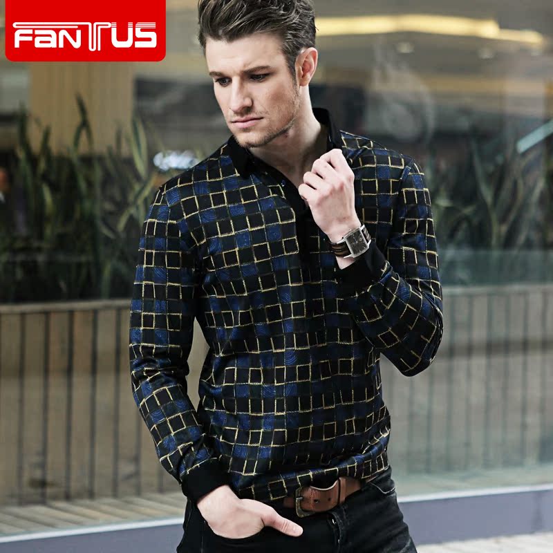 fantus2015年春季男装新款男士长袖T恤翻领格子商务休闲男士长T