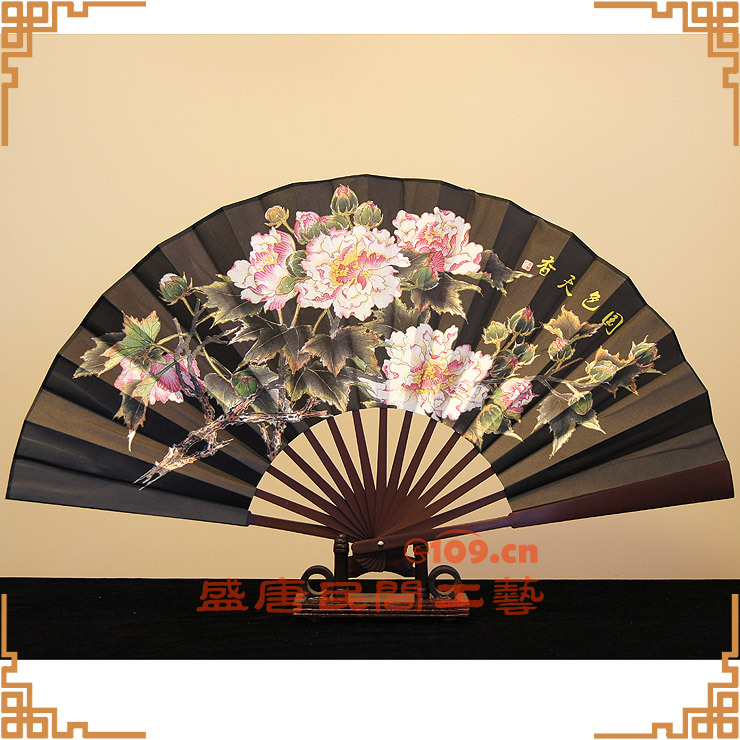 中国文化礼品工艺扇子 绢面折扇 国色天香 黑牡丹 出国外事礼品