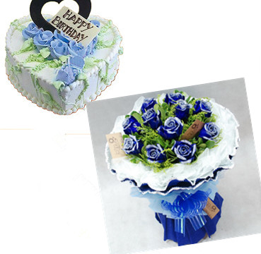 11枝蓝色妖姬10寸鲜奶蛋糕生日礼物鲜花蛋糕组合赠送精美生日卡片