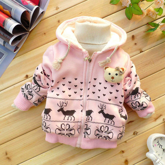 2015秋款女童装棉袄 加厚印花小鹿羊羔绒内里 粉色女宝宝棉衣外套