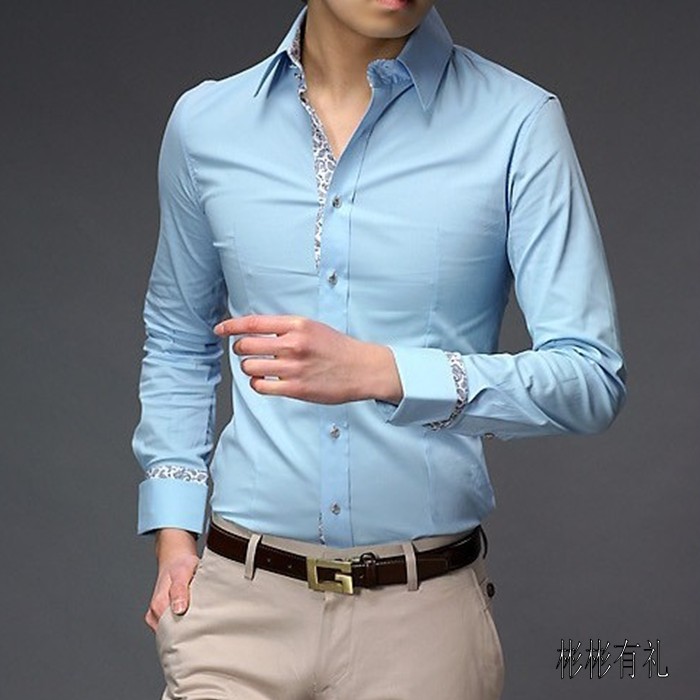 男士白色衬衫2014新款韩版潮衬衣春秋英伦男装天蓝色修身长袖衬衫