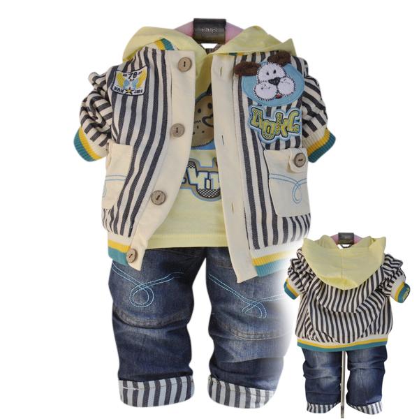 2015春季新款 纯棉三件套宝宝套 婴幼儿套装条纹外套