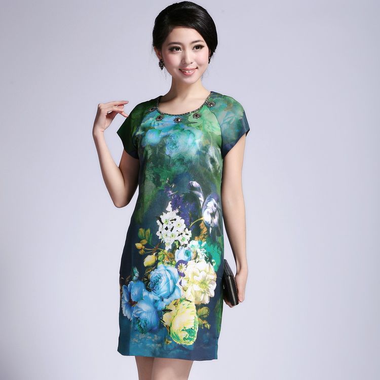 2015夏新中年款真丝连衣裙韩版修身显瘦包臀短袖3D印花桑蚕丝裙子