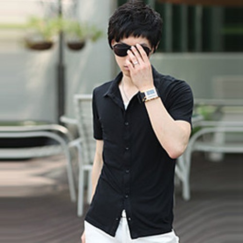 春夏时尚新款 型男 韩版休闲修身 黑色短袖纯棉面料衬衫C085