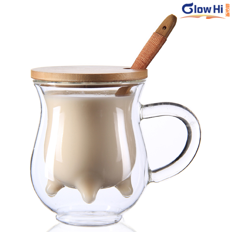 创意小奶牛杯竹盖杯水杯 双层玻璃杯 牛奶杯咖啡耐热赠竹勺 300ml