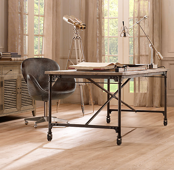 美式复古铁艺实木电脑桌带轮滑移动工作台铁艺书桌会议桌 电脑椅