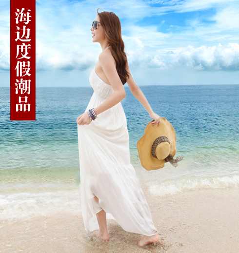 巴厘岛度假裙子v领 沙滩裙波西米亚 仙女挂脖连衣裙白色修身长裙