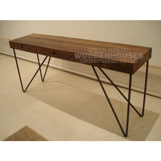 美式实心钢铁原木书桌实木铁艺书房桌子北欧办公桌电脑桌抽屉桌