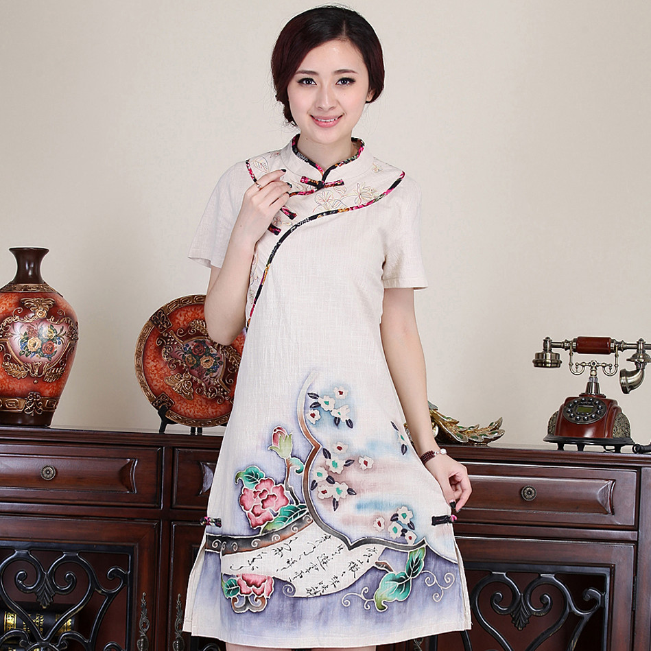 原创女装2015春夏装中国风棉麻连衣裙子中式复古手绘宽松改良旗袍