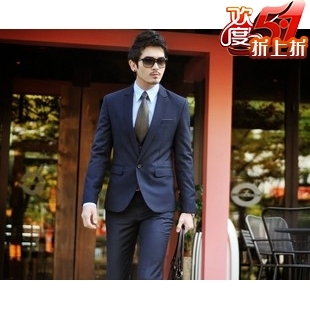 2011/韩版/最新款韩版藏青色一粒扣男士修身西服套装