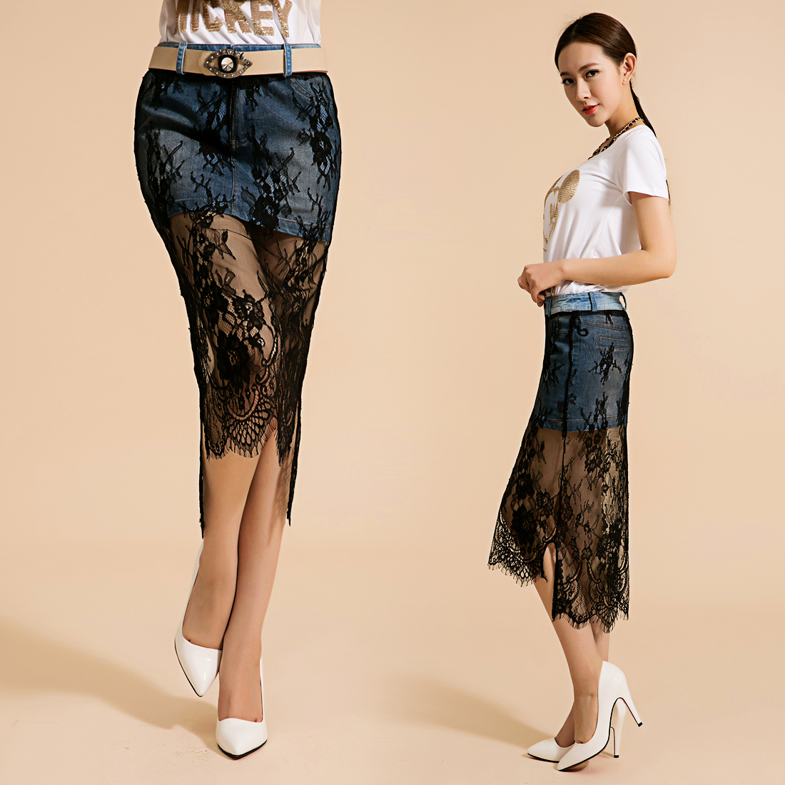 2014新款韩版夏装时尚修身蕾丝拼接拉链纯色包臀牛仔半身裙包邮
