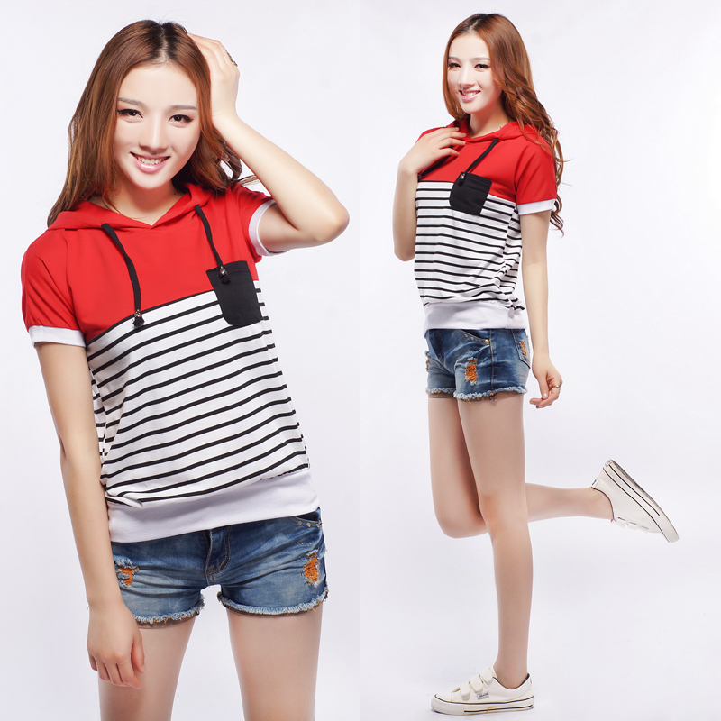 2014韩版夏装特大码带帽学生装女短袖t恤 时尚条纹宽松显瘦体恤