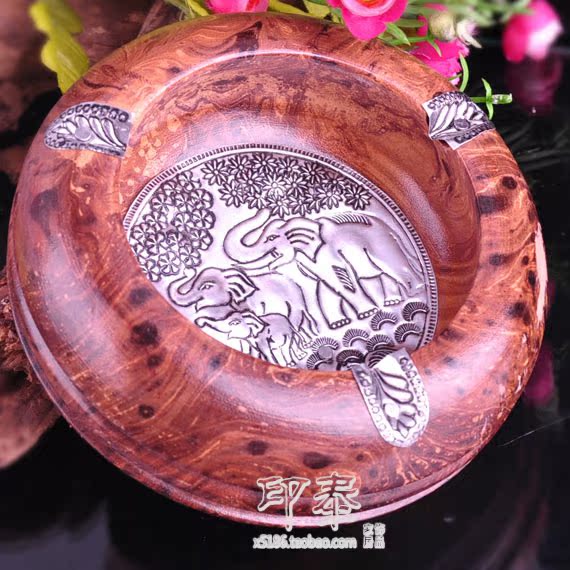 泰国工艺品 6寸原木锡片烟灰缸 东南亚家居装饰品 特色烟缸