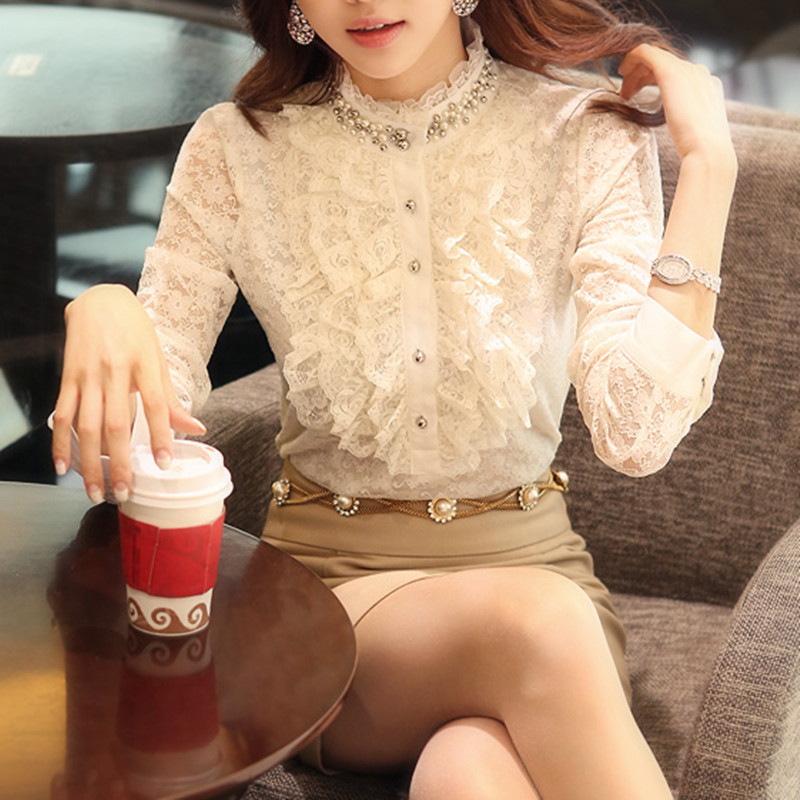 2015春装韩版女装批发修身大码休闲蕾丝拼接打底雪纺衬衫