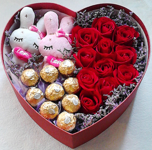 11支红玫瑰9颗巧克力高档鲜花心形礼盒 同城鲜花速递阳谷 东阿