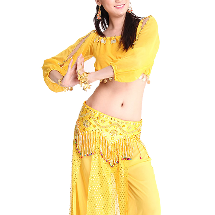 2014春新款肚皮舞表演出服 印度舞练功套装 亮片串珠荷叶下摆长裙