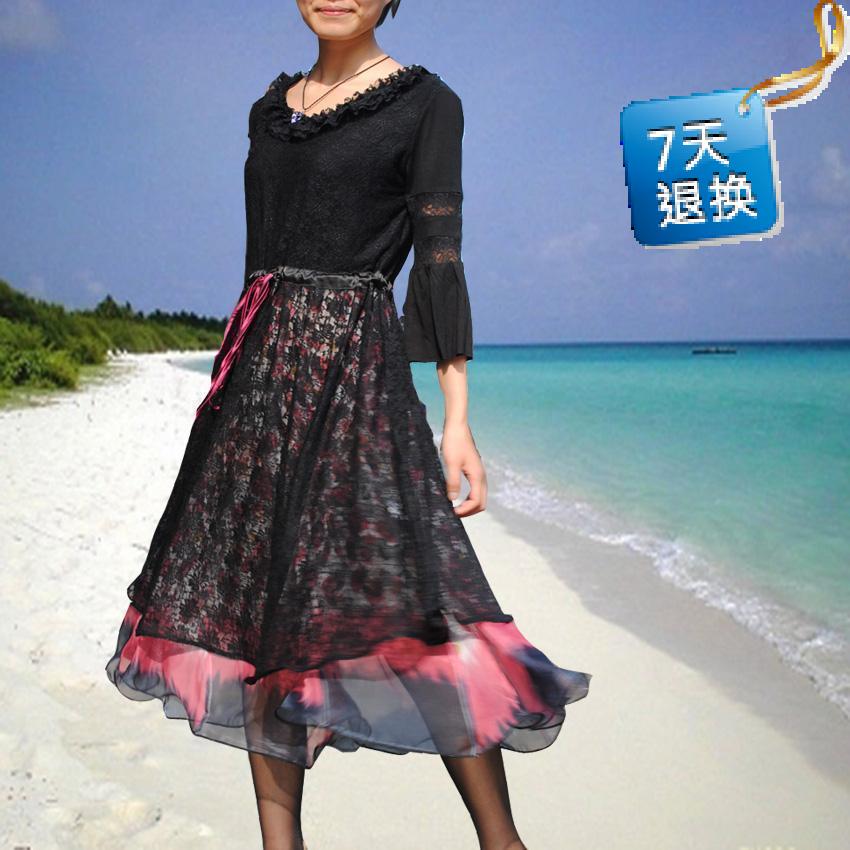新款黑色蕾丝雪纺中袖连衣裙欧美风格大摆裙锦琢L12033120L