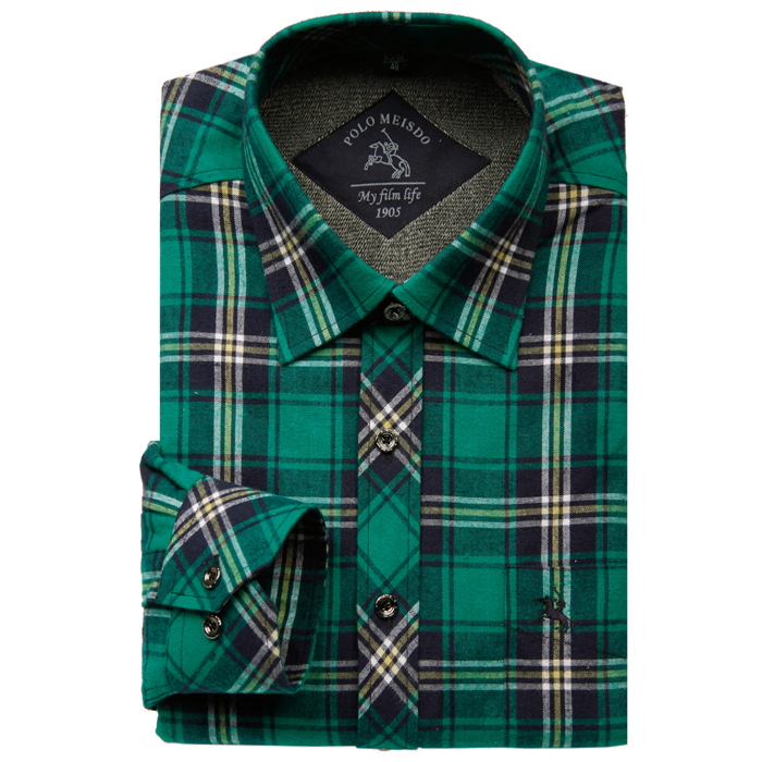 polo保罗全棉碳素磨毛格子商务休闲长袖保暖衬衫 绿花格H7053