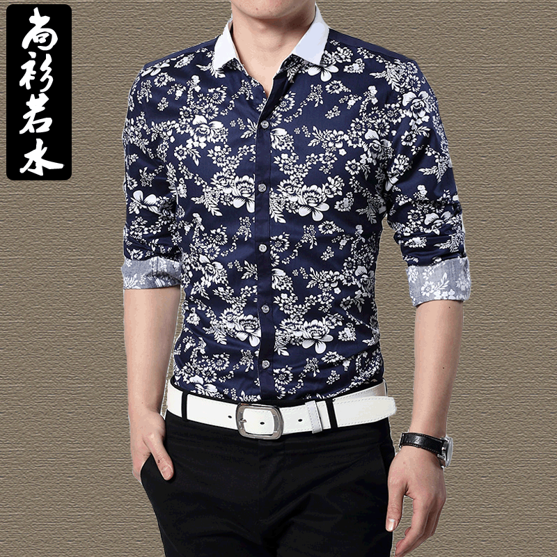 男士韩版修身长袖衬衫 时尚休闲中国风藏青色青花瓷印花男衬衣潮