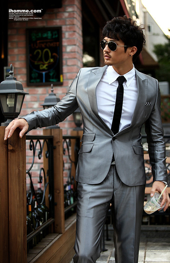 正品质量/韩版西服/银色亮面单排一粒扣男士修身西服套装
