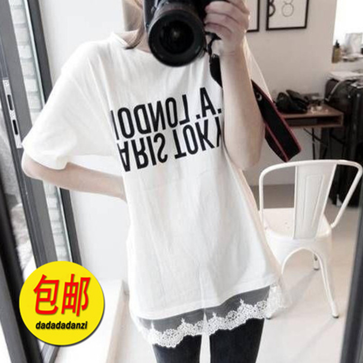 时尚孕妇装新款2014韩版字母宽松胖MM短袖上衣蕾丝花边T恤打底衫