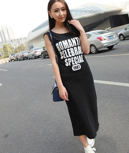 2014夏新款韩版甜美圆领无袖字母印花修身超长过膝连衣裙直筒长裙