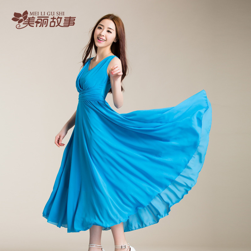 美丽故事 女装波西米亚连衣裙优雅修身长裙蓝色长裙