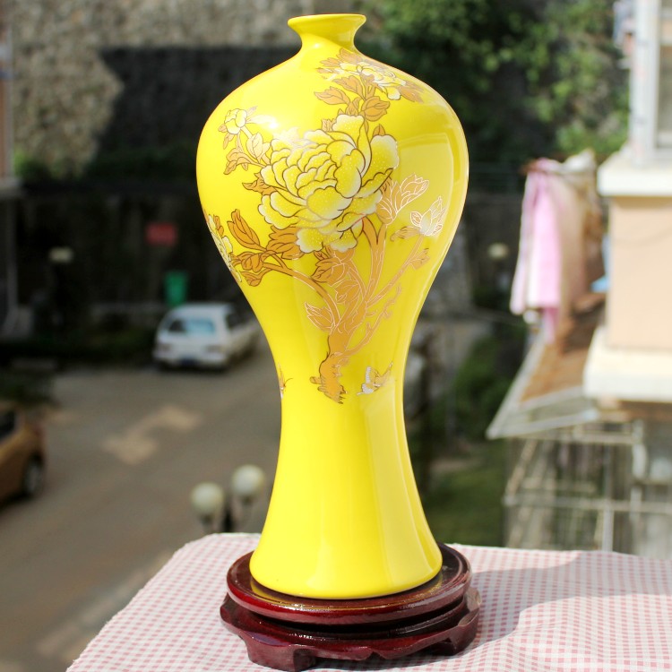 景德镇陶瓷器花瓶 现代中式富贵黄色牡丹梅瓶 传统时尚家居装饰品