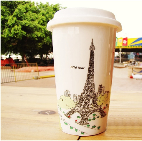 城市马克杯 带盖 埃菲尔铁塔创意陶瓷杯  简约大气保温杯子 包邮