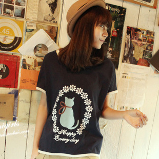 高品质2013夏日系新款森女全棉宽松素色猫咪花环图案短袖T恤女