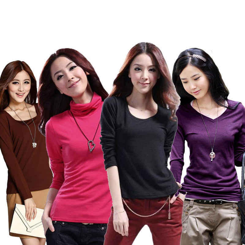 韩版新款 秋冬牛奶丝加绒圆领V领高领打底衫 长袖女士T恤 女A025