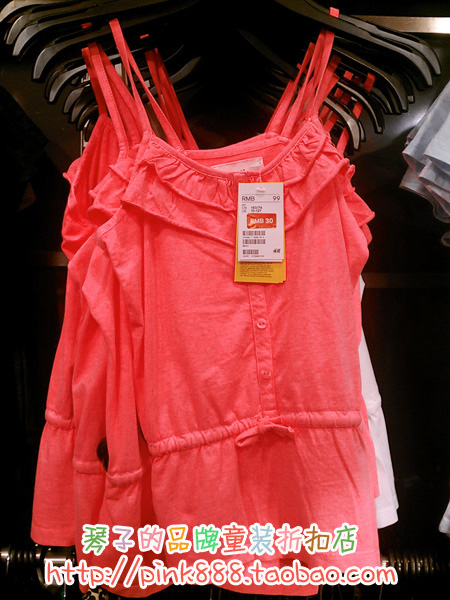 HM H&M专柜正品代购 荧光红女童荷叶边吊带衫