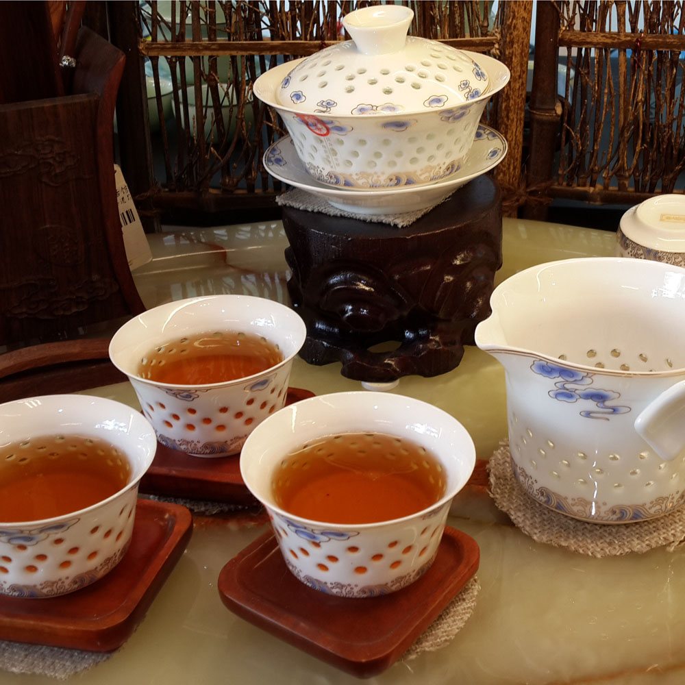 包邮水晶釉镂空玲珑茶具茶杯茶壶 功夫茶具整套 玲珑金边茶具套装
